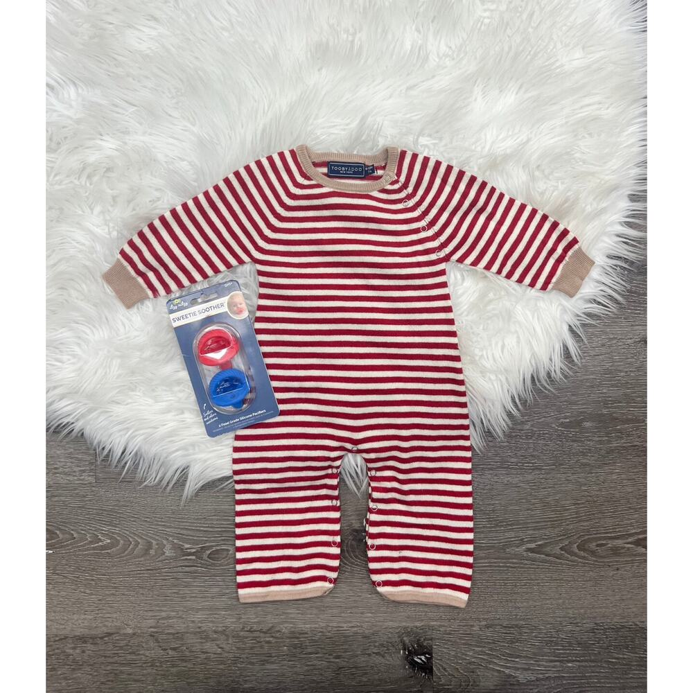 Toobydoo Red & White Striped Cotton Cashmere Sweater Jumpsuit 6/12month‎
